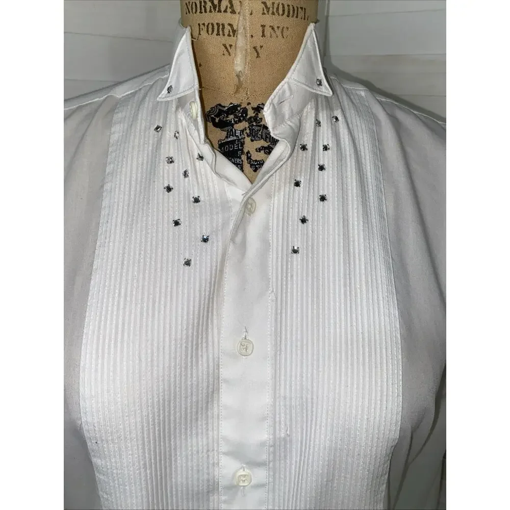 80s Fashion Gear White Tuxedo Shirt Pleated Front Long Sleeve Rhinestone Small